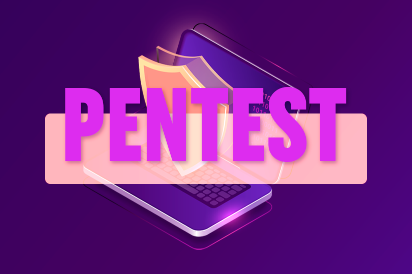 A imagem possui fundo na cox roxa e o texto Pentest sobre a imagem de um notebook com um escudo