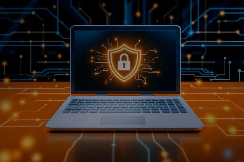 Ilustração de um notebook com a imagem de um escudo com um cadeado na tela