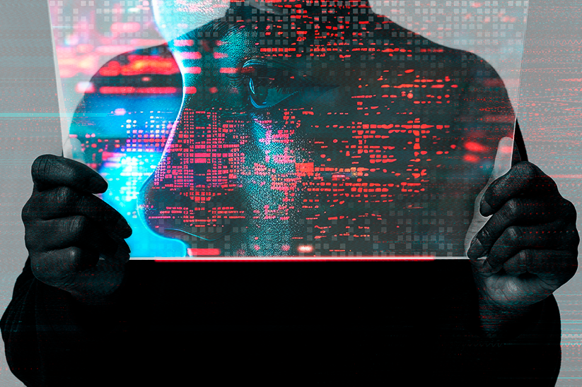 Imagem de uma pessoa segurando uma tela com o rosto de uma mulher com símbolos relacionados à tecnologia