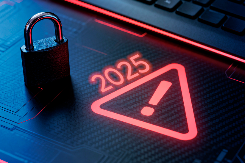 Imagem de um cadeado sobre uma mesa, um sinal de alerta e o texto 2025