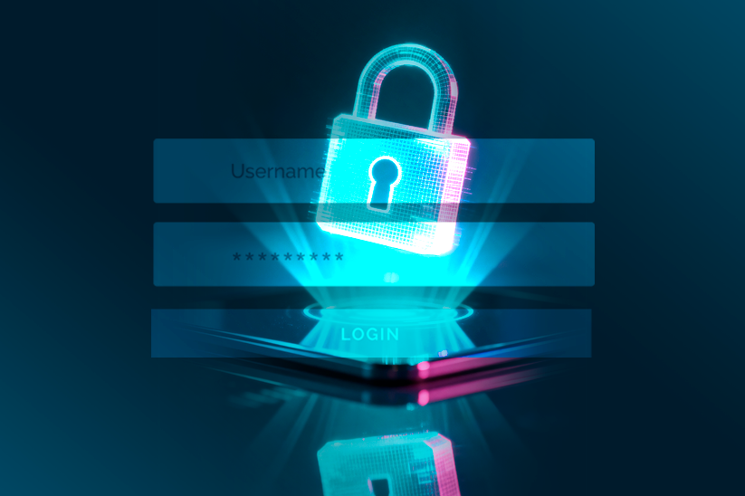 Imagem de um formulário para digitação de senha e um cadeado ao fundo